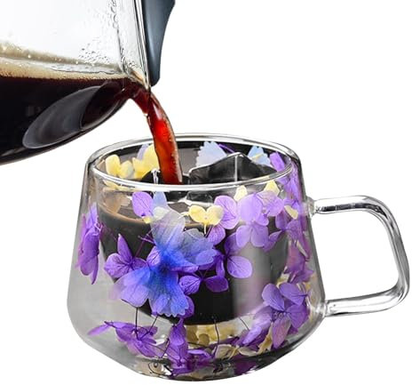 Wlikmjg Tazze da caffè in doppio vetro, Tazze da caffè in doppio vetro isolante - Bicchieri in vetro doppio da 200 ml Bicchiere in vetro a doppia parete | Tazze in vetro Floral Fusion con impugnatura