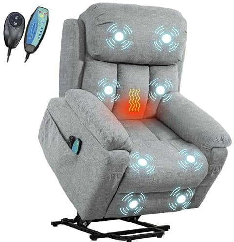 Blisswood Recliner Armchair Plush Recliner Chair for TV & Lounging | Lift-Up Function with Massage & Heat | Extended Footrest for Living Room | Thick Sofa Padding & Push-Back Recline (Grey)