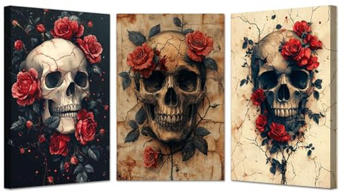 JOSUE Set 3 Teilig Rot, schwarz Halloween Deko Bilder Poster Leinwand Bilder, Retro Blumen Bilder Wanddekoration Wohnzimmer Schlafzimmer Wanddeko-60x80cmx3 Gerahmt