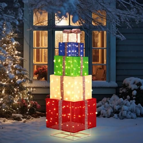 -Bonnlo Box Lights, 5-Tier Stackable Gift Boxes with Warm White LED Lights, Colourful Xmas Decoration, 30V 6W Telescopic Light-Up Gift Box Set for Indoor & Outdoor Festive Décor UK