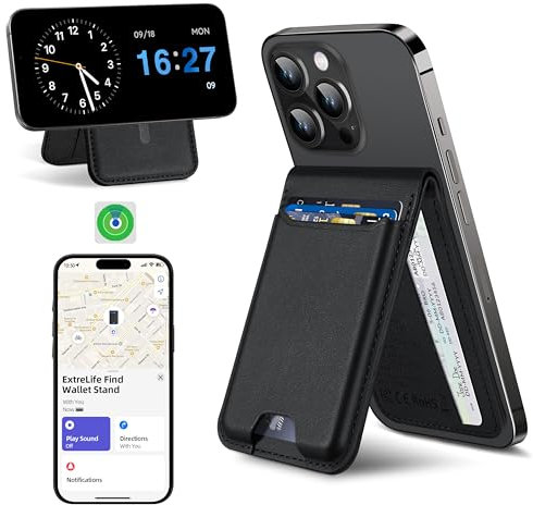 ExtreLife for Magsafe Wallet, Works with Apple Find My, Strongest Magnetic Wallet for iPhone 17/16/15/14/13/12 Series, Magnetic Card Holder with Adjustable Stand, 6 Cards Holder, Midnight Black