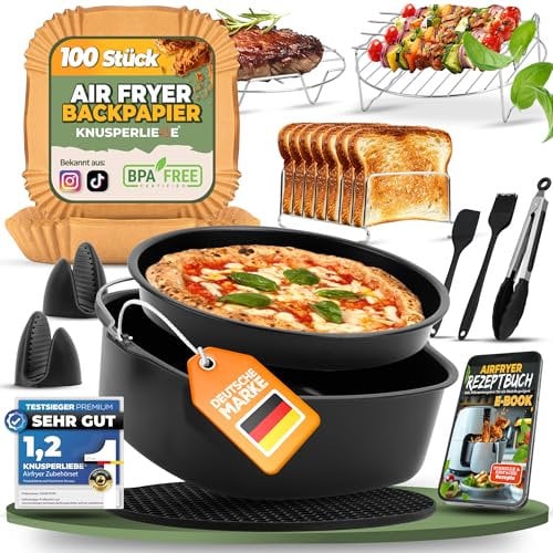 KNUSPERLIEBE® Set di accessori per friggitrice ad aria calda XXL con carta da forno 20 – 25 cm, 5 – 7,3 l, 18 pezzi per Airfryer, COSORI 5,5 l, Philips 7,3 l, Tefal, Cecotec 5,5 l, 6 l, Princess, 23