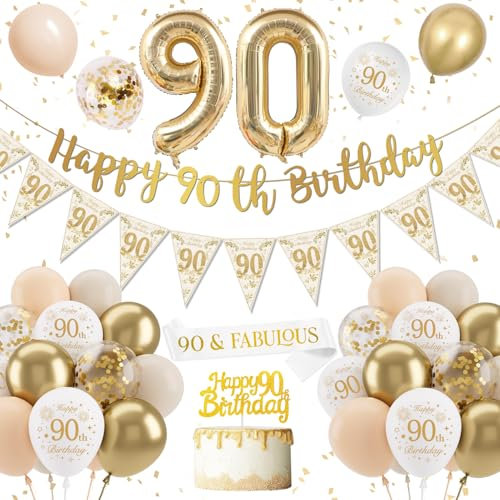 Deko 90. Geburtstag Frauen Deko, Luftballon 90. Geburtstag Deko Weiß Gold, Konfetti Luftballons Nummer 90 Folienballons Tortendeko für 90 Party Deko