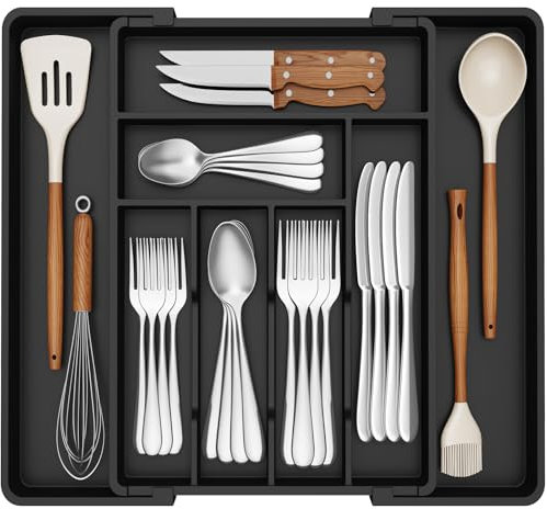 Lifewit Besteckkasten für Schubladen, Verstellbarer Besteckeinsatz Breite von 33 bis 57 cm, Schublade Besteck Organizer für Küche Tiefe 42,4 cm, Besteckhalter aus Kunststoff für Löffel/Gabeln, Schwarz