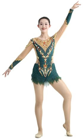 Zagitova Langarm Trikots for Rhythmische Gymnastik, Glitzernde Diamant Tanzanzüge mit Rundhalsausschnitt(3XL)