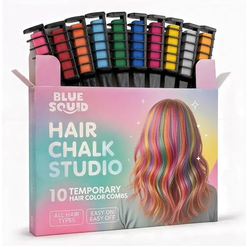 Blue Squid Hair Chalk Comb - 10 Vibrant Temporary Hair Colors for Girls & Teens, Washable Hair Dye, Perfect for Parties, Cosplay, Halloween, Paraben Free, Suitable for All Hair Colors