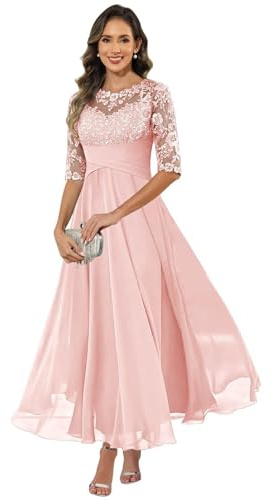 HUINI Damen Brautmutterkleid Chiffon Lang - Spitzen Formales Abendkleid Kleider Halbärmel A-Linie Festliche Für Hochzeit