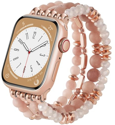 V.R.HOPE Perlen Boho Armband kompatibel mit Apple Watch Armband 40mm 42mm 41mm 38mm Damen, Mode Kristall Bead elastisch Band für iWatch SE Series 11 10 9 8 7 6 5 4 3 2 1 - Rosa Zebra - S