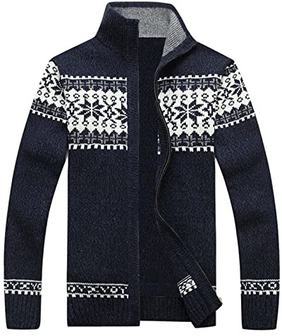 Mymyguoe Maglione a maglia norvegese da uomo Cardigan Felpa Inverno Elegante maglione invernale Maglione a maglia spesso Stampa a righe Giacca tradizionale Cardigan con cerniera Giacca business, Blu