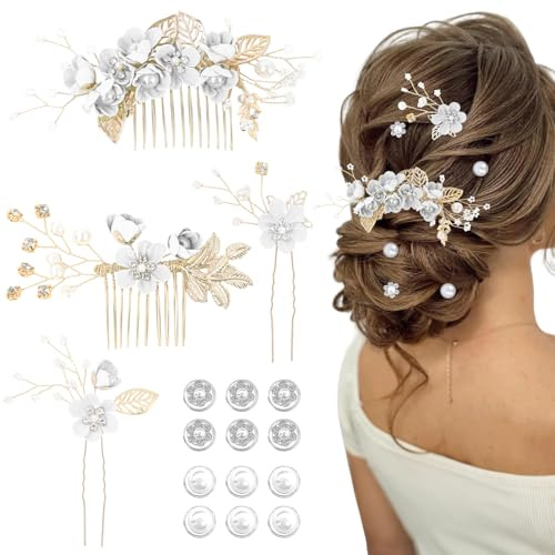 16-teiliges Braut Haarschmuck Set – Hochzeits Haarkamm & Perlen Haarnadeln mit 6 großen & 6 kleinen Perlen | Elegant mit Blumen & Goldakzenten | Für Braut, Brautjungfern & Kommunion Mädchen (Weiß)