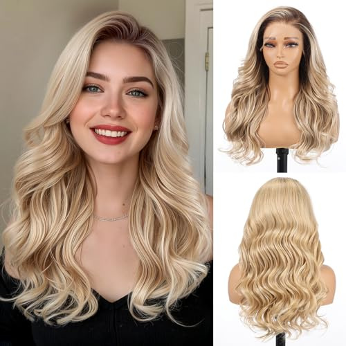 Allbell 13x6 Ombre Hellbraune Lace Front Perücke für Schwarze Frauen, Kleberlose Synthetik HD Lace Perücken, 22 Zoll Body Wave Haarersatz