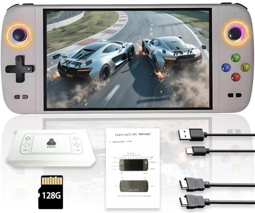 Nuova console di gioco portatile M27, 128 GB di memoria interna con 30.000 giochi, sistema Linux, schermo IPS da 7 pollici, console portatile mini arcade tascabile, uscita HD (grigio, 128 g)