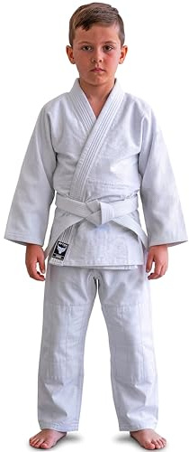 Mytra Fusion Judo Gi pour Enfants – Uniforme de Judo Junior Résistant pour Entraînement et Compétition – Kimono de Judo Durable avec Coutures Renforcées et Ceinture Incluse (Blanc, 1-140)