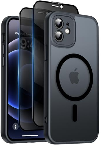Qasyfanc for iPhone 12 Case, Privacy Screen Protectors X2, Black | Compatible with MagSafe, Camera Protection, 15FT Military Drop Protection, Translucent Matte Shockproof Phone Cover