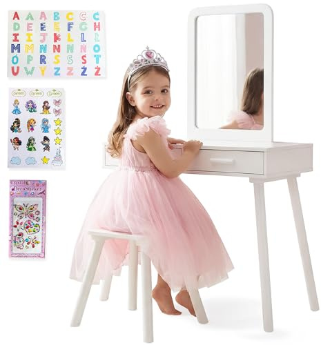 Green series Kinder Schminktisch ab 3 Jahren mit Spiegel & Hocker – Kinderschminktisch aus Holz für Mädchen, Frisiertisch mit Schubladen & Stickern, Geschenk für Kinderzimmer
