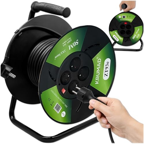 KRUMAD Kabeltrommel 50m, Verlängerungskabel mit 4 Schutzkontaktsteckdosen 3x2,5mm², 3500W max, 220V, für Außen & Werkstatt, Wetterfest, Wickelkurbel, Thermoschutz und Netzschalter, Schwarz