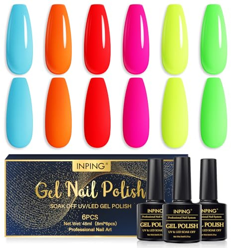 INPING Gel Nail Polish, Rainbow 6 Colors UV LED Nail Varnish 8ML | Lemon Yellow Blue Lime Orange Red Spring Summer Pink Nail Varnish Bright Neon UV Gel Nail Polish Set for DIY Nail Art Salon