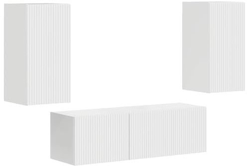 RJPLMFV Ensemble Meuble TV Mural Blanc Brillant 4 Pieces | Bois d'ingenierie, Portes a charniere 90°, Rangement multimedia, Entretien facile