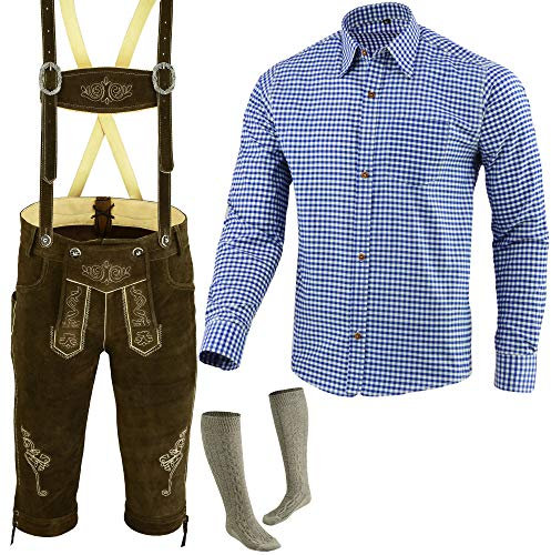 Speed4allkinds Trachten Set Herren Trachten Lederhose Herren Größe 46-62 Bayerische Traditionelle Echt Lederhose für Oktoberfest Trachtenset,Hose,Hemd,Socken Neu (Lederhose 54 Blau Hemd XL Socken 43)
