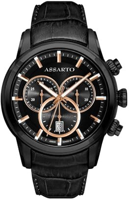 ASSARTO® - Herren Uhr Schwarz 316L Edelstahl Gehäuse & Leder-Armband - Schweizer Quarzwerk - Männer Chronograph Herrenuhr & Armbanduhr (Timekeeper Collection) analog wasserdicht - Watch Men