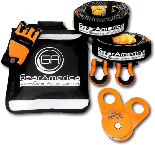 GearAmerica Off-Road Recovery Kit | Tow Strap + Tree Saver + Heavy Duty Snatch Block Pulley + Orange D-Ring Shackles + Winch Line Dampener Bag + Recovery Gloves | Ultimate 4x4 Winching Accessories