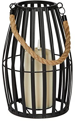 Lights4fun Outdoor Black Metal Slatted Battery Operated Garden Lantern with Rope Handle & TruGlow LED Candle Timer 29cm