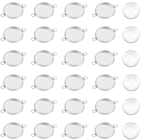 UNICRAFTALE 100 Sets 12mm Lünette Anhänger Edelstahl Cabochon Verbindungs Anhänger Flach Rund Cabochons Rohlinge Lünette Tabletts Mit Glas Cabochon Für Armbänder Halsketten Schmuckherstellung