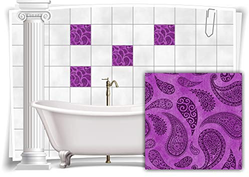 Medianlux Fliesen-Aufkleber Fliesen-Bilder Paisley Barock Nostalgie Retro Floral Lila Bad WC Deko Folie Badezimmer Dekoration, 4 Stück, 15x15cm m22-lila-115299