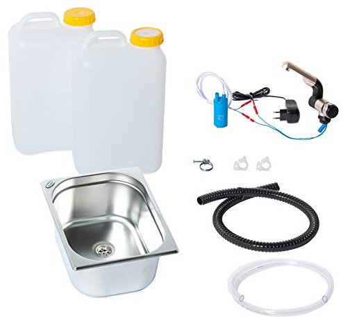 Wasseranlage Imbisswagen Verkaufsanhänger Campingküche 230v Bausatz Spüle 325x265x150 + Wasserhahn Barwig Chrom Wasserkanister 19Liter (ad-ideen)