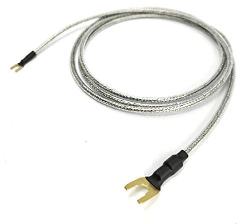 Selected Cable 2m Plattenspieler-Erdungsleitung 1x 1.0mm² für HIFI-Geräte mit GND- Masseanschluß 2 vergoldete Gabelschuhe (klein/groß) transparent silber Geflechtschirm (200cm)