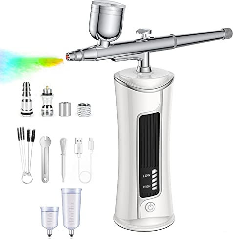 Airbrush Kit with Compressor, longziming Portable Handheld Airbrush Gun Paint Spray, 1200mAn, 180KPA, Rechargeable, Power Display, for Art Hobby,Makeup,Nail Art,Cake Decoration (White)