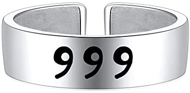 AJRUIER 999 Engel Zahl Hand gestempelt Edelstahl Ring- Offen Silber Numerologie 111, 222, 333, 444, 555, 666, 777, 888, 999