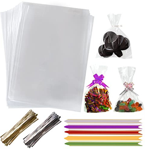 eHom Cellophane Bags Pack of 50 (5 x 7 Inches) Food Safe Cookie Bags with 50 Mix Color Pull Bows & Twist Ties- For Christmas & Halloween Gifts, Packaging, Wrapping Sweet bags for Hamper Making