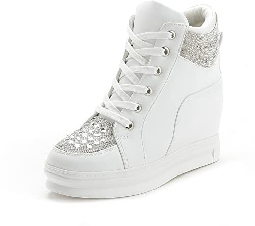 rismart Donna Zeppa Sneaker Casual Luccichio High Top Allacciare Stivaletto alla Caviglia Bianco, 36.5 EU