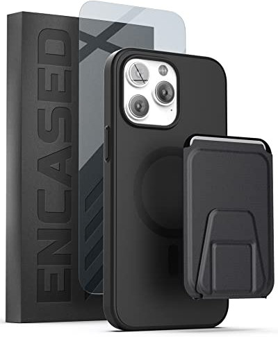 Encased MAG SlimShield with Card Holder for iPhone 14 PRO Magnetic Case with Screen Protector (3-in-1) Compatible with MagSafe, Flip Kickstand Wallet (Black)