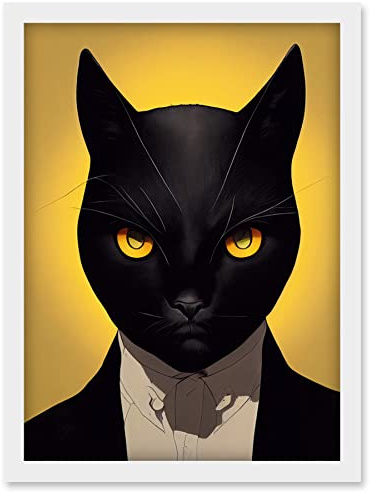 Doppelganger33 LTD Le Chat Noir Black Cat Tuxedo Yellow Portrait Artwork Framed Wall Art Print A4