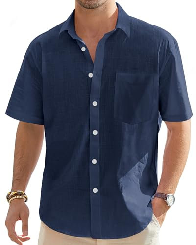 J.VER Mens Linen Shirts Short Sleeve Summer Beach Casaul Lightweight Cotton Regular Fit Holiday Button Down Shirt with Pocket Navy Blue 4XL