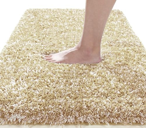 Yimobra Fluffy Plush Bath Mat, Super Shaggy Soft Comfortable Non Slip, Water Absorbent Microfiber Bath Mat, Dries Quickly, Machine Washable Thick Bathroom Floor Rugs for Shower, 51 x 81 cm, Beige