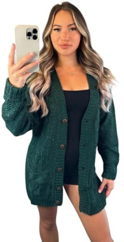 Donna Manica Lunga Grandad Aperto Pulsante Anteriore Top Chunky Aran Cavo Maglia Cardigan Maglione Delle Signore Maglione Inverno US 4-18, Verde bottiglia., 48-50