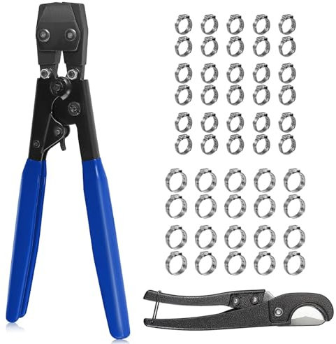 VORXEON Ratchet PEX Crimping Cinch Tool with Removing Function for 3/8 to 1 with 30PCS 1/2 and 20PCS 3/4 Stainless Steel Clamps and PEX Pipe Cutter for Securing Pipes and Automotive Use