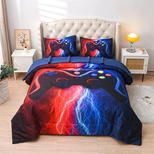 Meeting Story Gamer Gaming Bedding Sets Red Blue Lightnings Gamepad Comforter Set for Boys Games Console Action Buttons Novelty Colorful Modern Room Decor Home Quilt Set (Red-Blue, Queen 5Pcs)