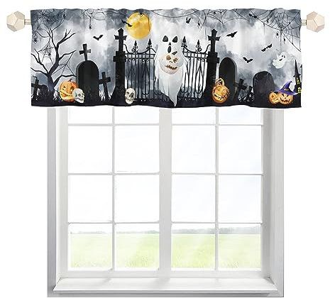 Halloween Kürbis Totenkopf Scheibengardinen Bistrogardine mit Stangendurchzug Kurzstore Gardine Elegant Cafehausgardine für kleine Fenster Küche Wohnzimmer Landhaus Multicolor 137x45cm,1 Stück