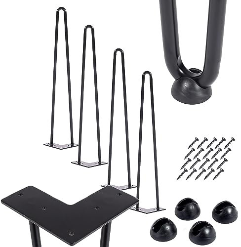 iomangio® 4er Set Hairpin Legs Schwarz 61cm Höhe 2 Stahl Streben – DIY Haarnadel Tischbeine + Bodenschoner & Schrauben – Möbelfüße Tisch Nachttisch Stuhl Tischgestell Haarnadelbeine pulverbeschichtet