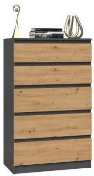 CDF Kommode Anthrazit Artisan mit 5 Schubladen 109 cm Hoch Sideboard Schmale Komode Schlafzimmerkommode für Flur Büro Schlafzimmer Wohnzimmer Schubladenschrank Regal mit Schubladen Schrank Möbelstück