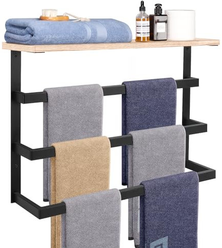 NearMoon Porte-serviettes à suspendre pour salle de bain, porte-serviettes en métal épais avec étagère en bois, barre de rangement à 3 niveaux, crochets muraux pour décoration de salle de bain (61 cm,