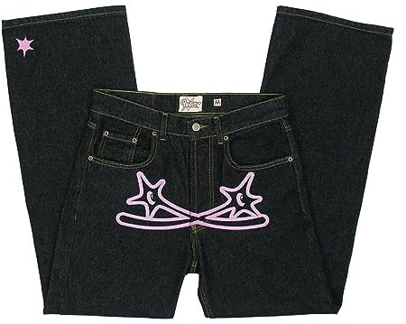 Jean pour homme Y2K imprimé - Pantalon en denim - Pantalon de jogging ample - Noir - Pantalon cargo baggy hip hop streetwear, Rose, M