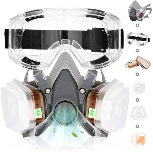Respirator Mask with Filters - Half Face Reusable Gas Mask - Paint Respirator with Safety Goggles for Painting, Dust, Chemical, Organic Vapor, Welding, Spraying, Polishing, Woodworking Protection