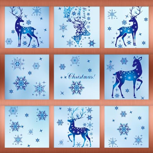 5 Bögen Statische Schneeflocken-Aufkleber in Blau für Frohe Weihnachten - Rentiere und Schneeflocken Fensterdekorationen