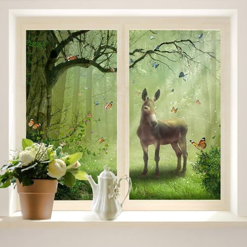 COALHO Fantasy Wildlife Esel UV-blockierende Fensterfolie, lustige Märchenwaldtiere, Esel, Schmetterling, Fensterschutz, statisch, dekorative Fensteraufkleber, 45 x 60 cm, 2 Stück