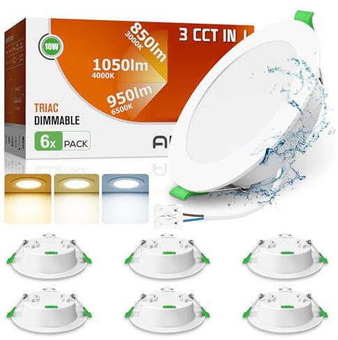 ALUSSO Einbaustrahler LED Spots 230V Dimmbar 10W 1050LM Deckenspots Flach 3CCT 3000K Warmweiß 4000K Neutralweiß 6500K Kaltweiß IP44 Einbauleuchten für Badezimmer Küche Wohnzimmer, 6er Set